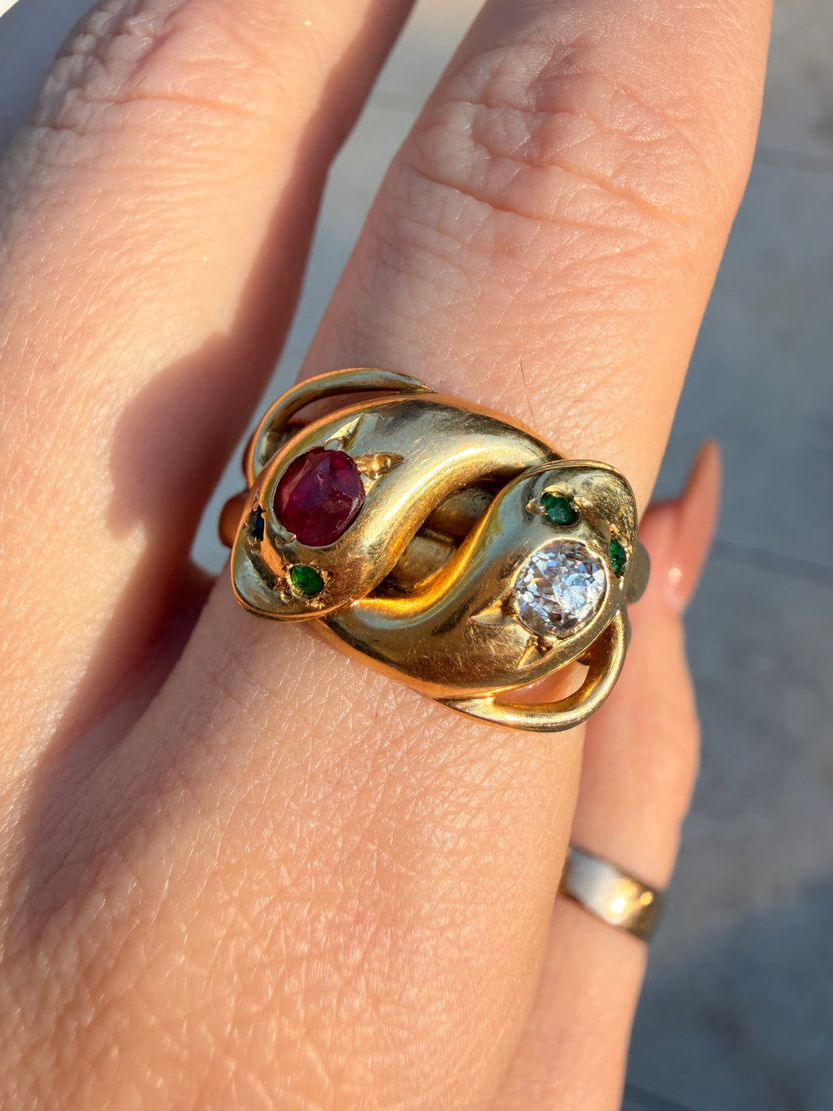 Antique 18K double snake ring with old mine cut diamond, ruby and emeralds, size 11.5
