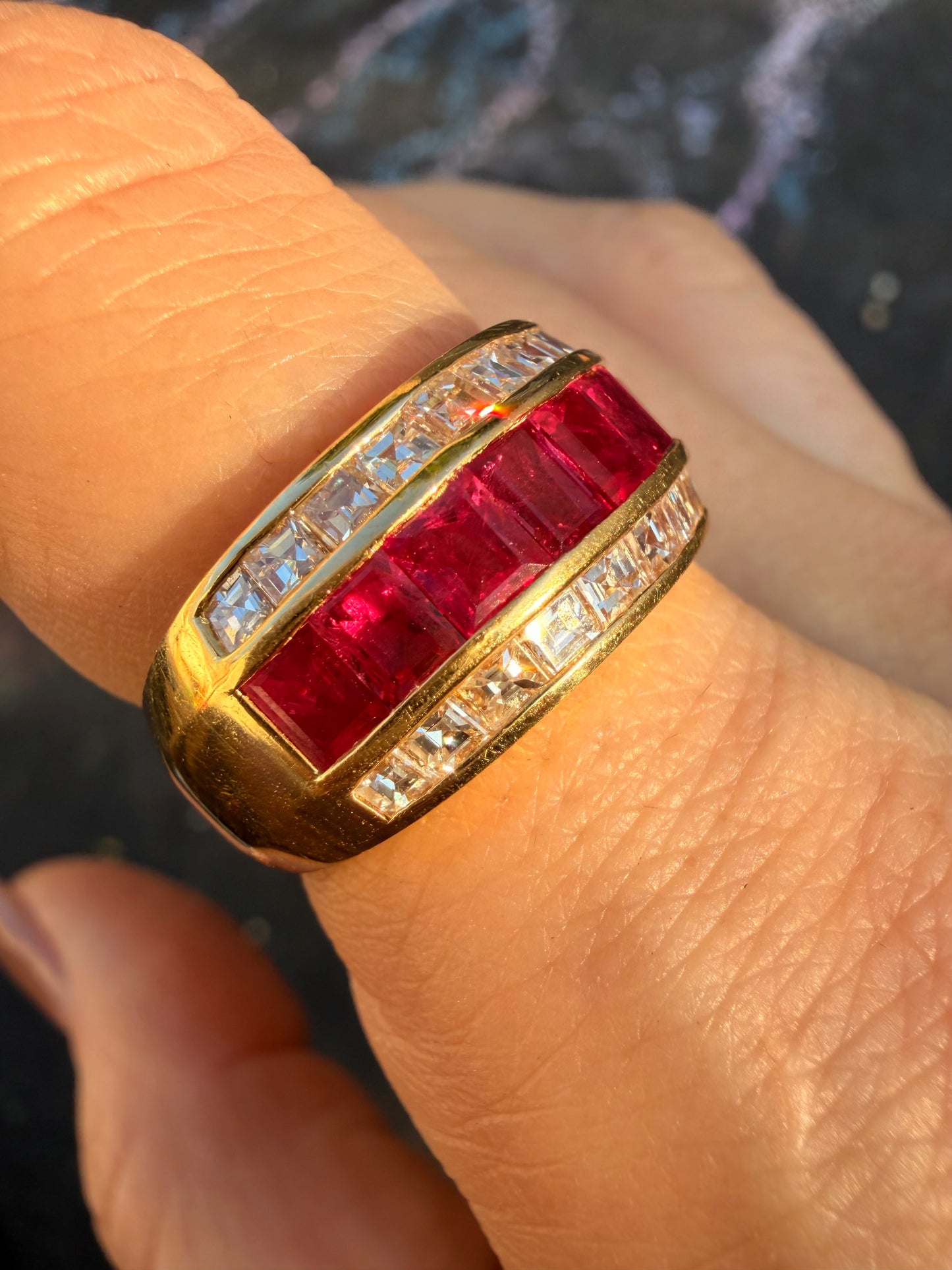 Vintage yellow 18K square cut 2ctw natural ruby and 1.3ctw square step cut diamond wide ring, size 8-8.25