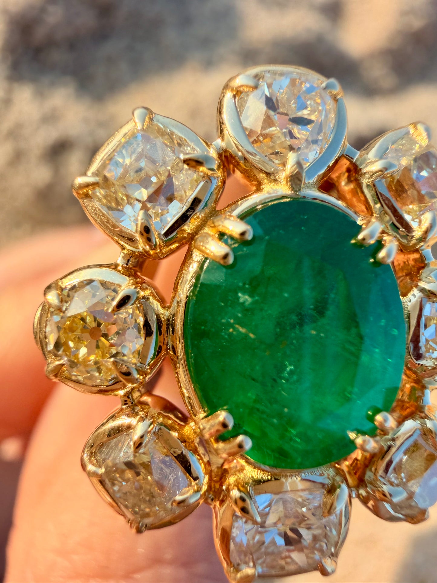 Yellow 18K approx 3.5ctw antique old mine cut diamond halo ring with 3.75ctw natural emerald, size 6.5