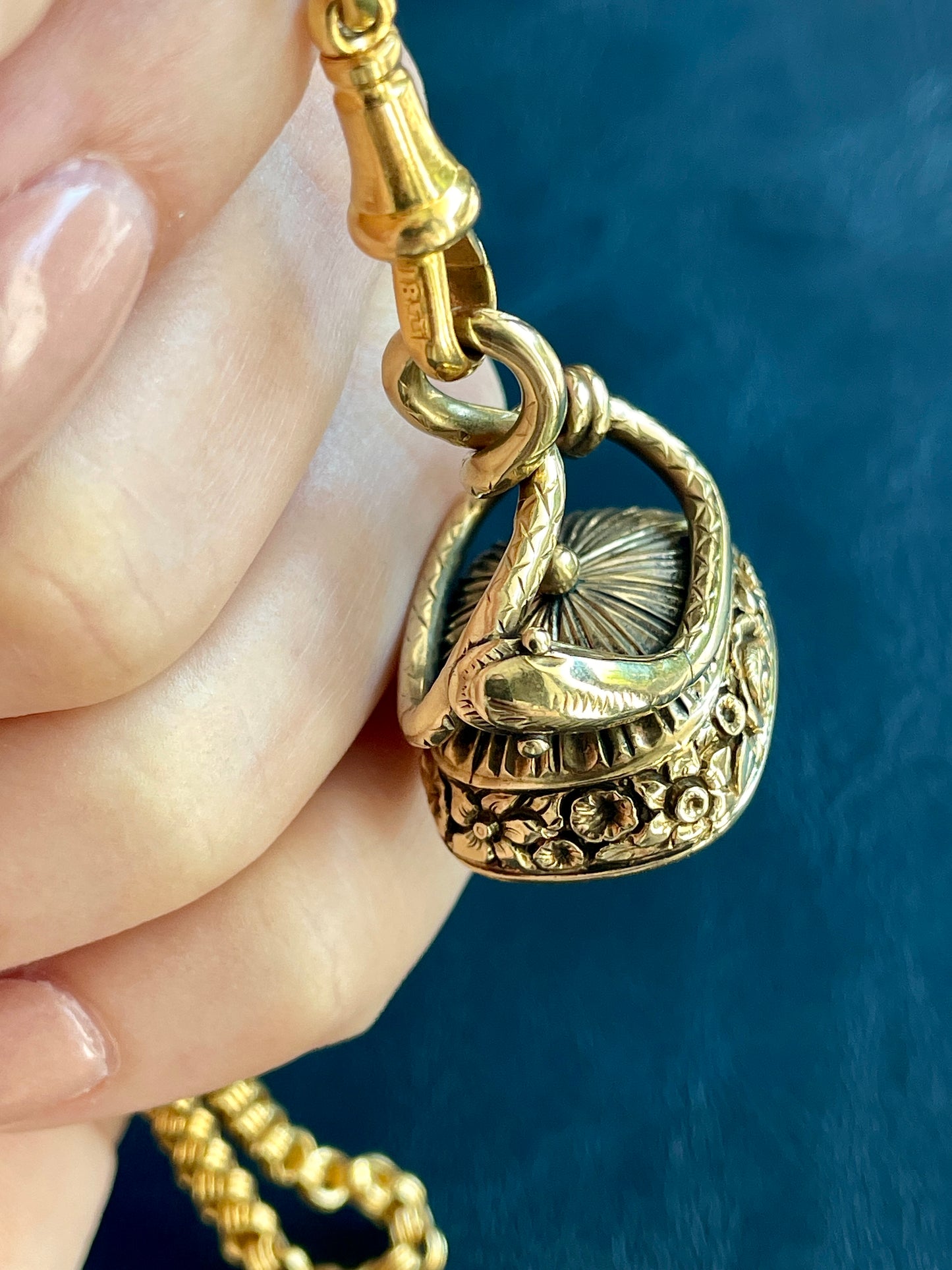 Antique 14K snake and floral fob with faceted foil back quartz