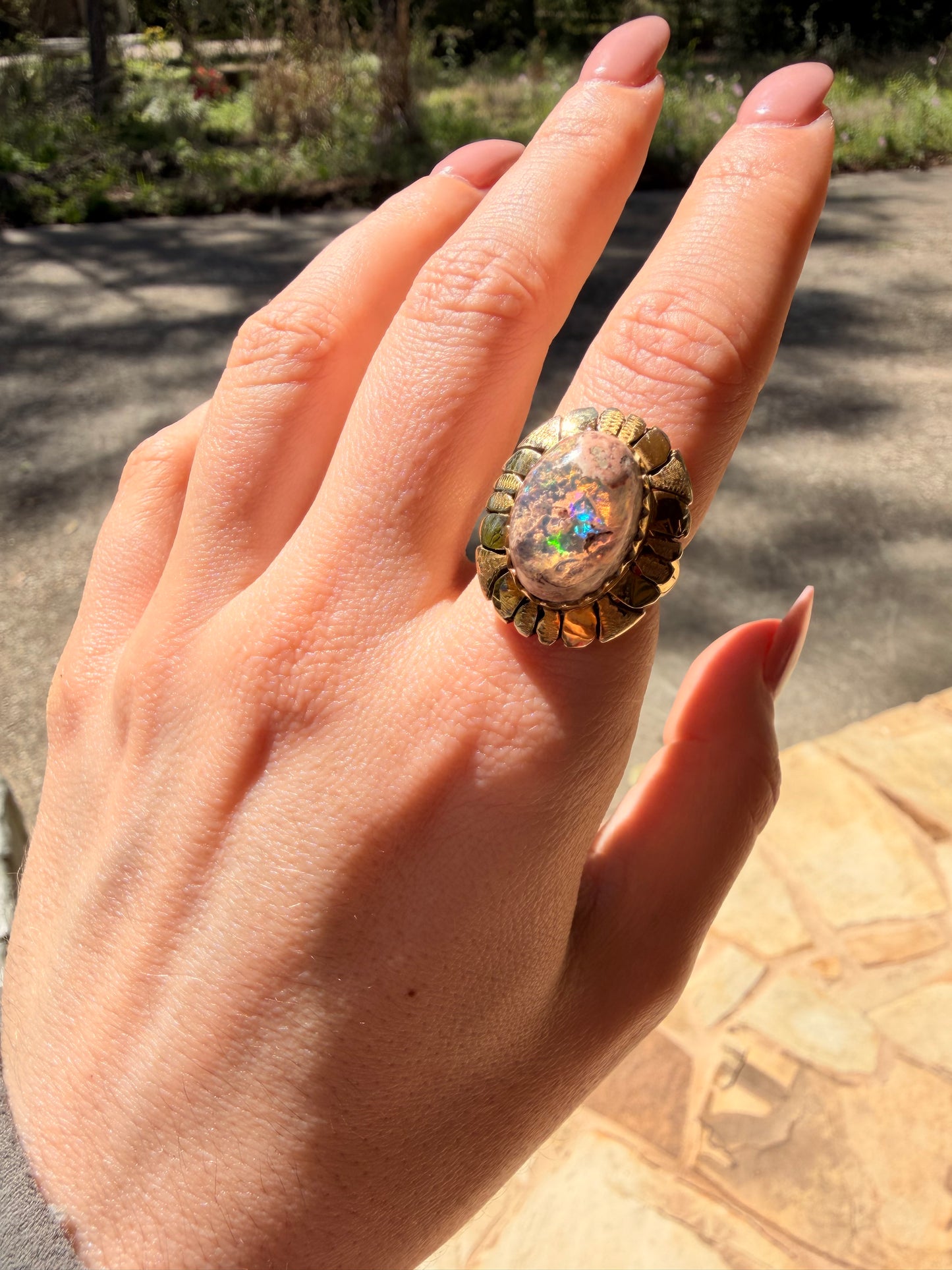Vintage yellow 18K Boulder opal statement ring, size 7-7.25