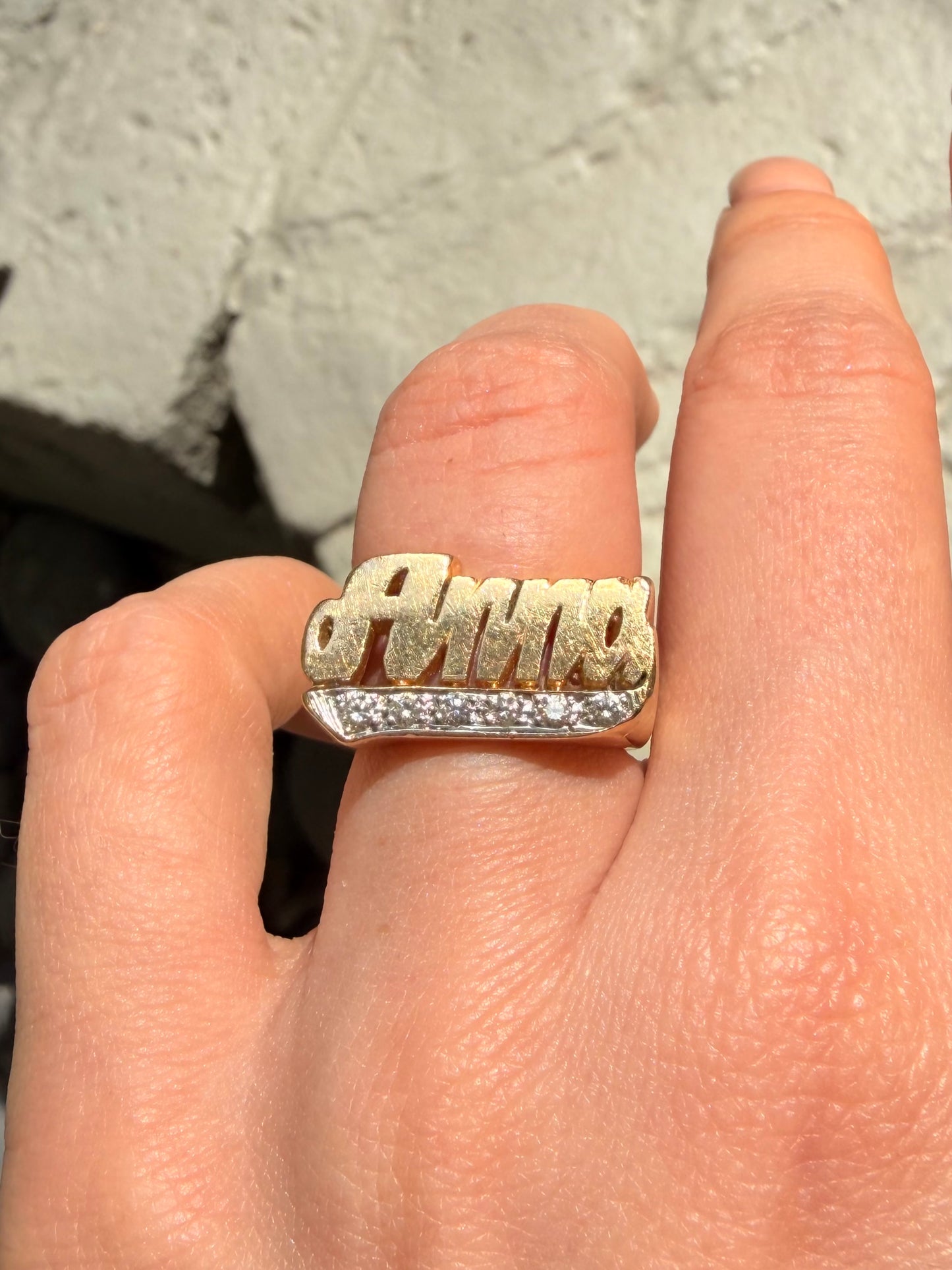 Vintage yellow 14K gold and diamond 'Anna' name ring, size 4.75