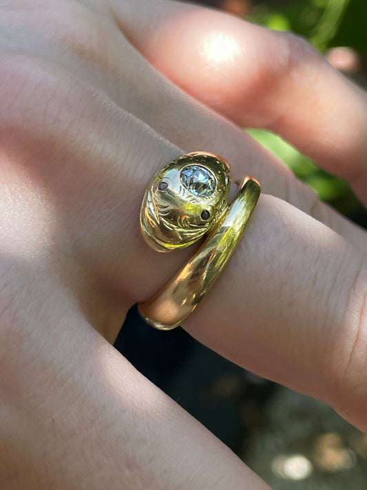 Antique yellow 18K happy face snake ring with approx .27 ctw old European cut diamond and rose cut diamond eyes, size 6.75-7