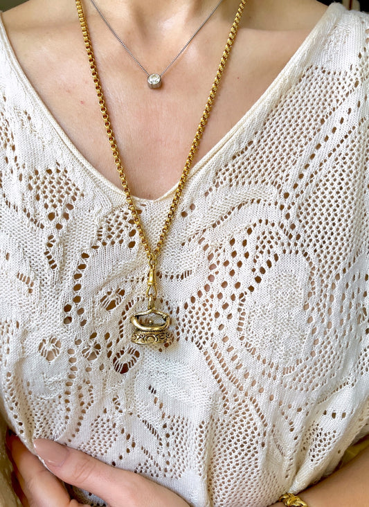 Antique 14K snake and floral fob with faceted foil back quartz