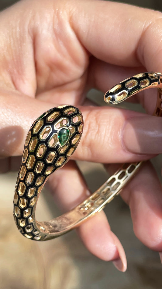 Yellow 14K black enamel and emerald snake hinge bangle