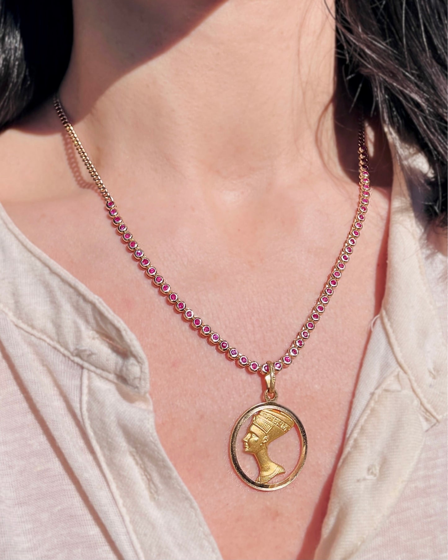 Original 3GOG yellow 14K gold approx 2 ctw pink sapphire bubble watch chain necklace, 18 inch long with 16.75 inch clasping option
