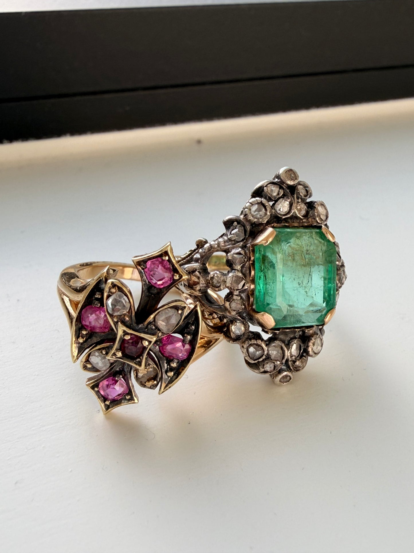 Antique 14K natural ruby and rose cut diamond axe ring, size 5.75