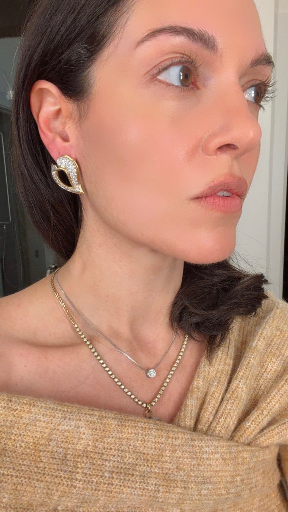 Vintage yellow and white 18K approx 2.4ctw diamond leaf-like heart omega back earrings