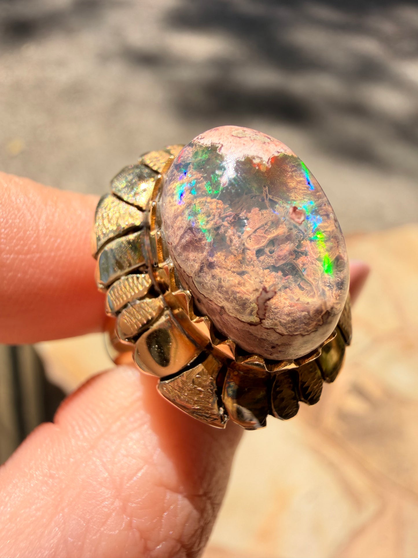Vintage yellow 18K Boulder opal statement ring, size 7-7.25