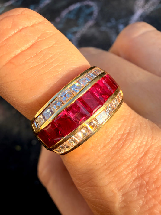 Vintage yellow 18K square cut 2ctw natural ruby and 1.3ctw square step cut diamond wide ring, size 8-8.25