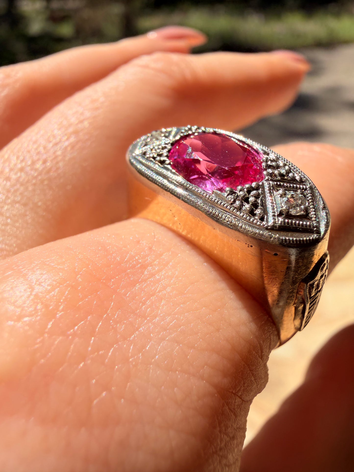 Vintage 10K pink sapphire ring with diamonds