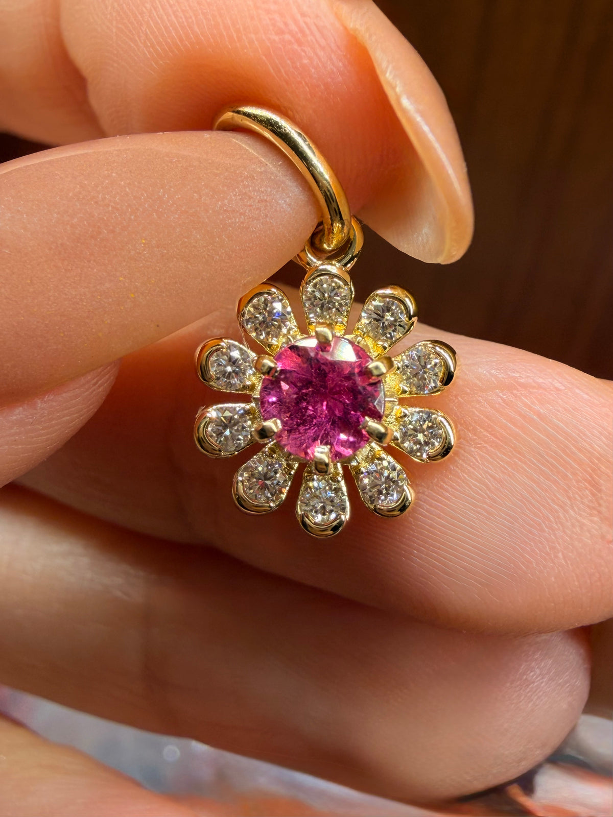 3GOG Natural Rubellite Tourmaline and Diamond Garden Party Flower Pendant 18K