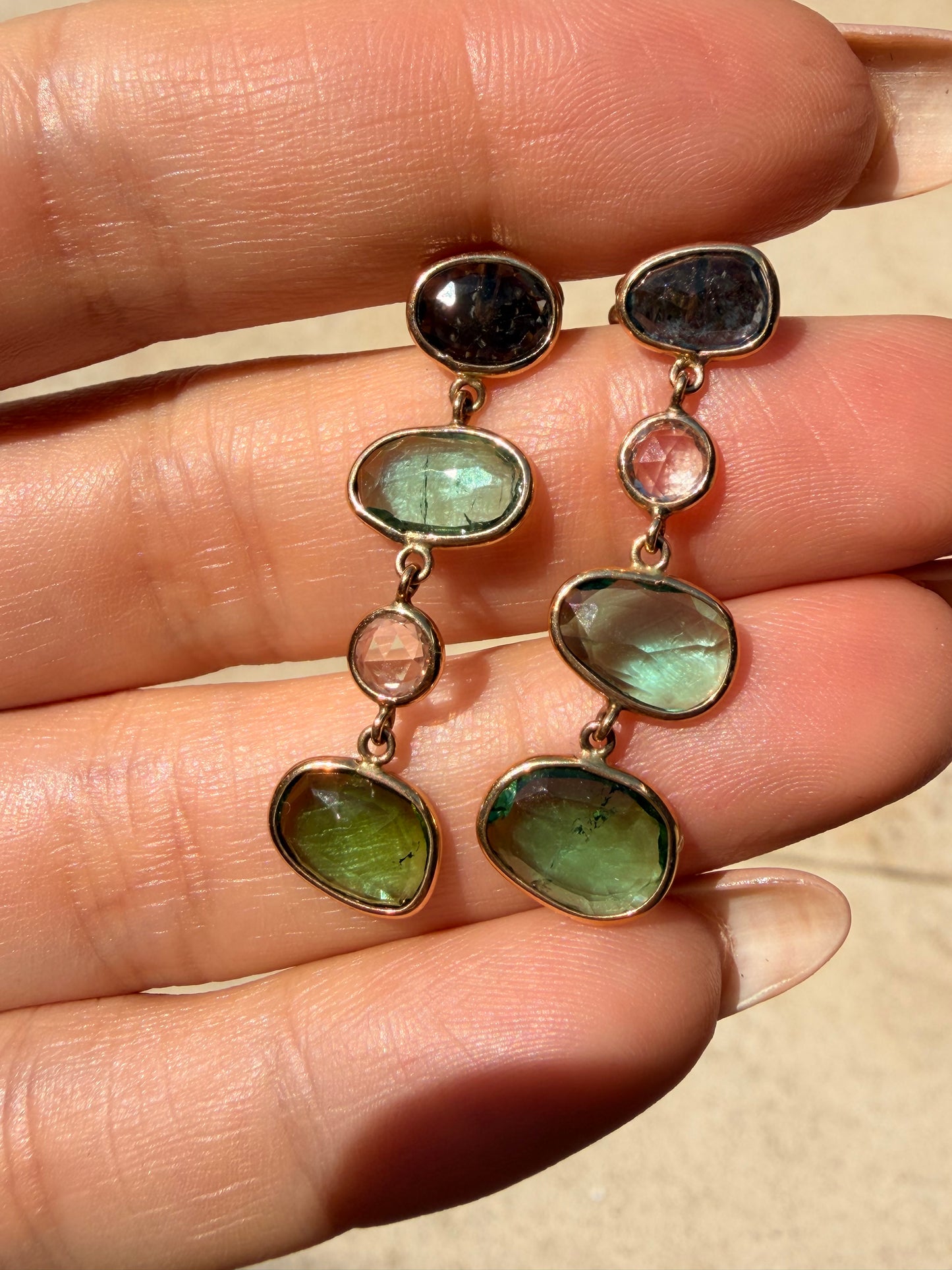 Vintage yellow 14K tourmaline and sapphire drop earrings