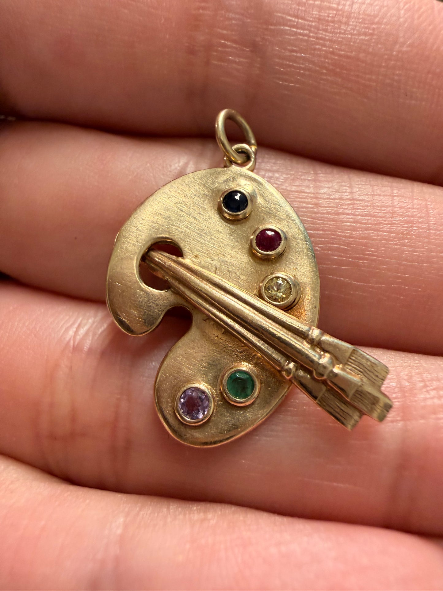 Vintage yellow 14K gold and gemstone paint palette pendant
