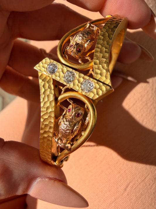 Antique 14K owls hinge bangle with approx .35ctw old mine cut diamonds