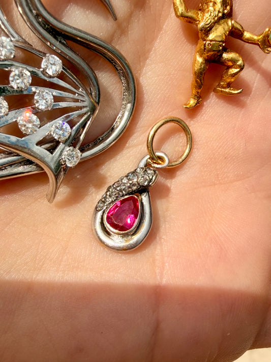 Antique 18K snake with rose cut diamonds and .4 ctw ruby charm
