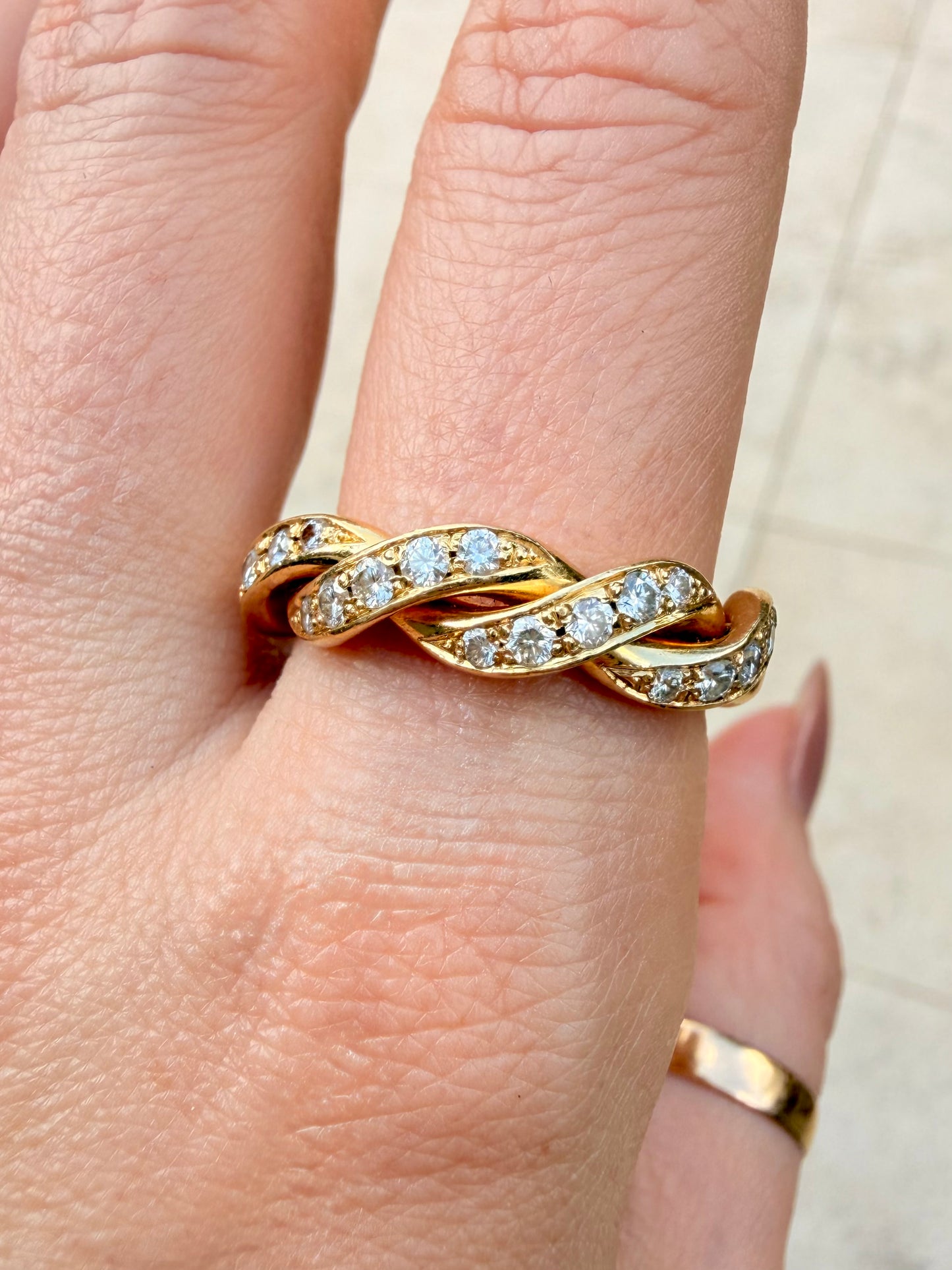 Vintage yellow 14K gold and approx .52 ctw diamond chunky twist ring, size 9.75