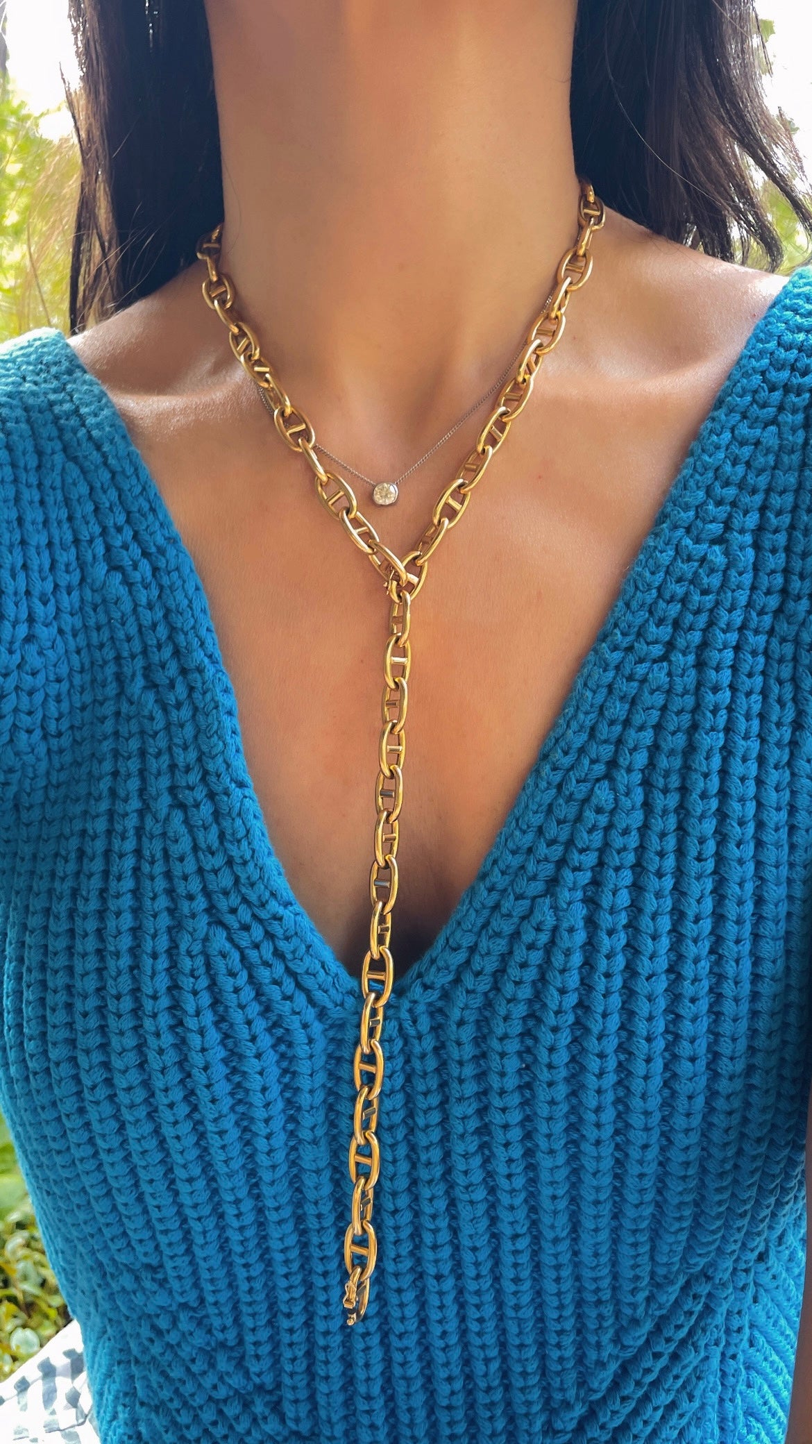 Vintage French yellow 18K gold round anchor link chain and bracelet set