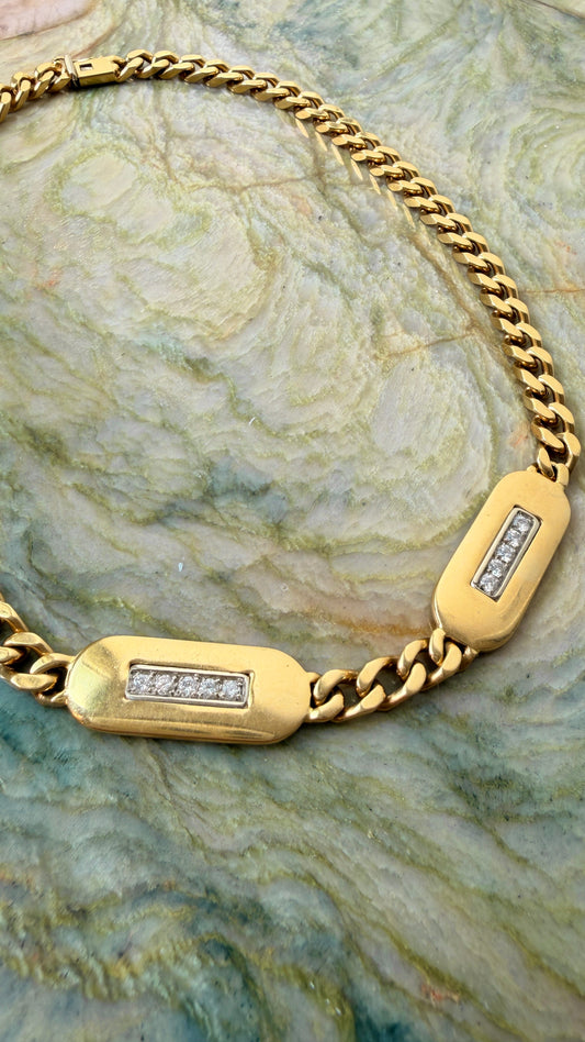 Vintage yellow 18K Chimento designer diamond bars curb chain, 15 inch