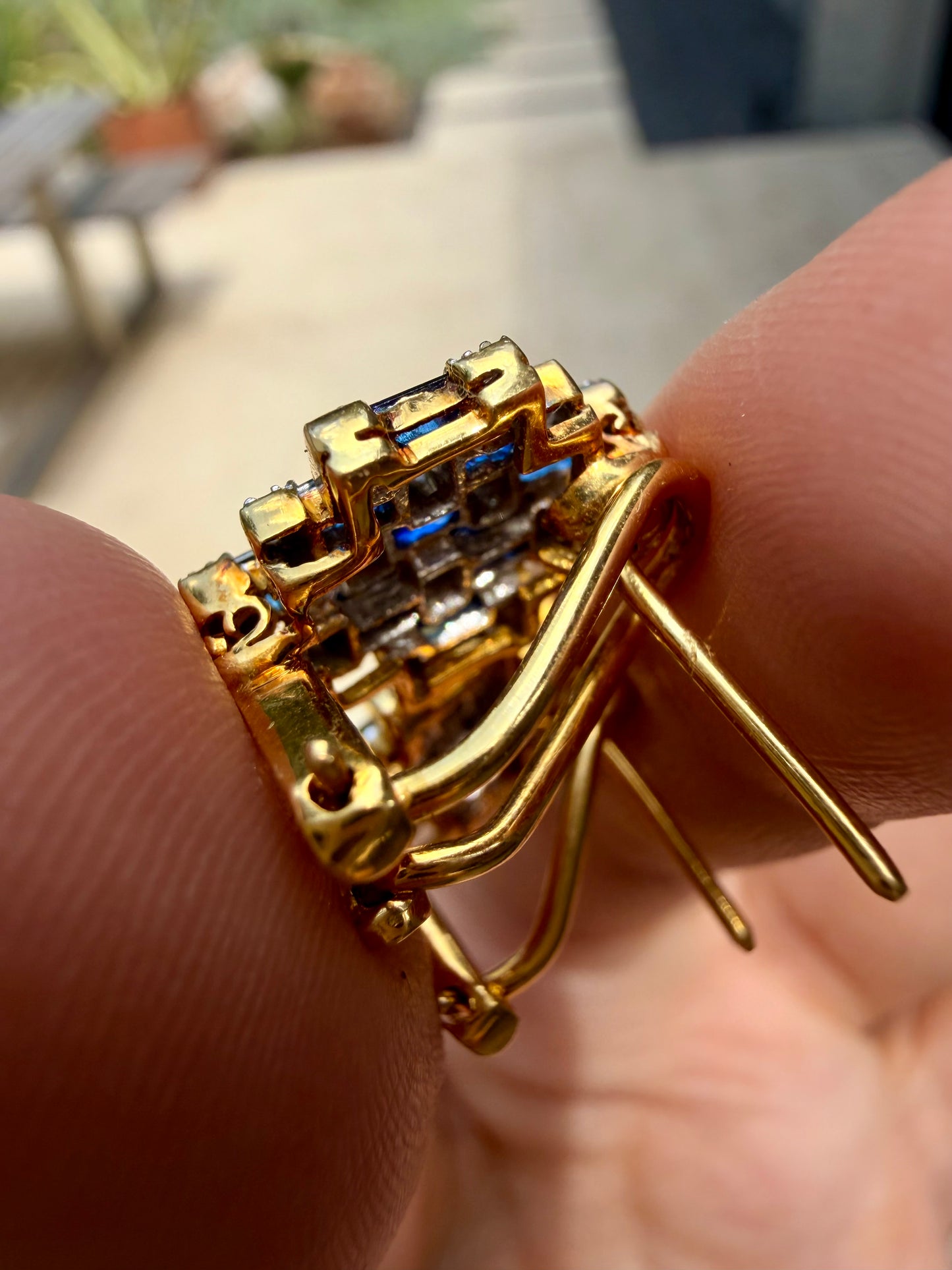Vintage 18K sapphire and diamond checkerboard convertible omega back earrings