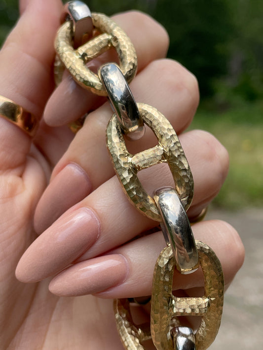Vintage 14K two tone textured mariner link bracelet, 7.75 inch or 6.5 inch