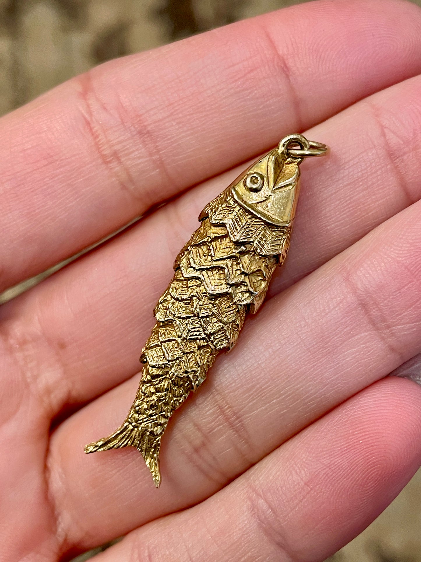 Vintage yellow 14K gold midcentury articulated fish pendant