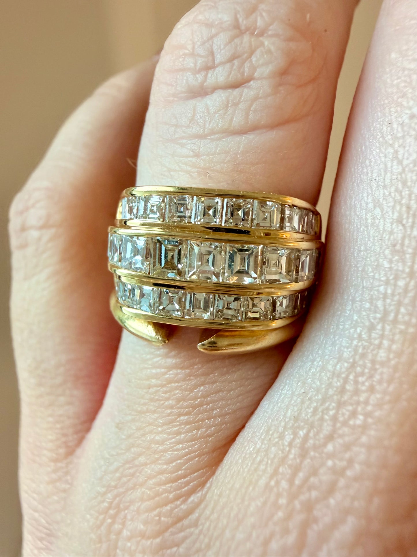 Vintage yellow 18K gold 2.2 ctw step cut diamond triple row band, size 6.25