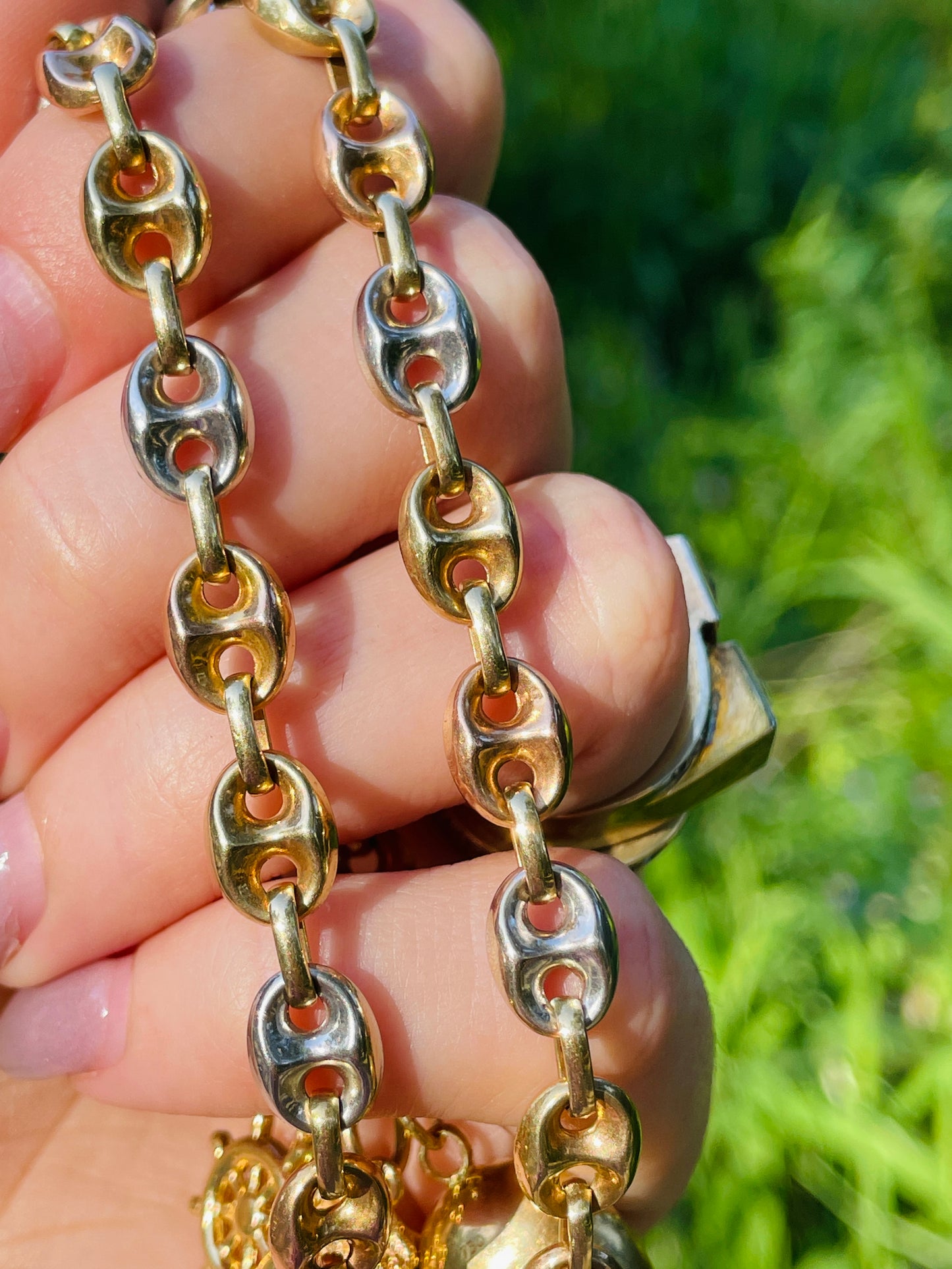 Vintage 14K gold tritone puffy mariner link chain with dog clip, 18.75 inch