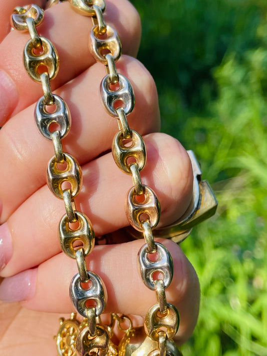 Vintage 14K gold tritone puffy mariner link chain with dog clip, 18.75 inch
