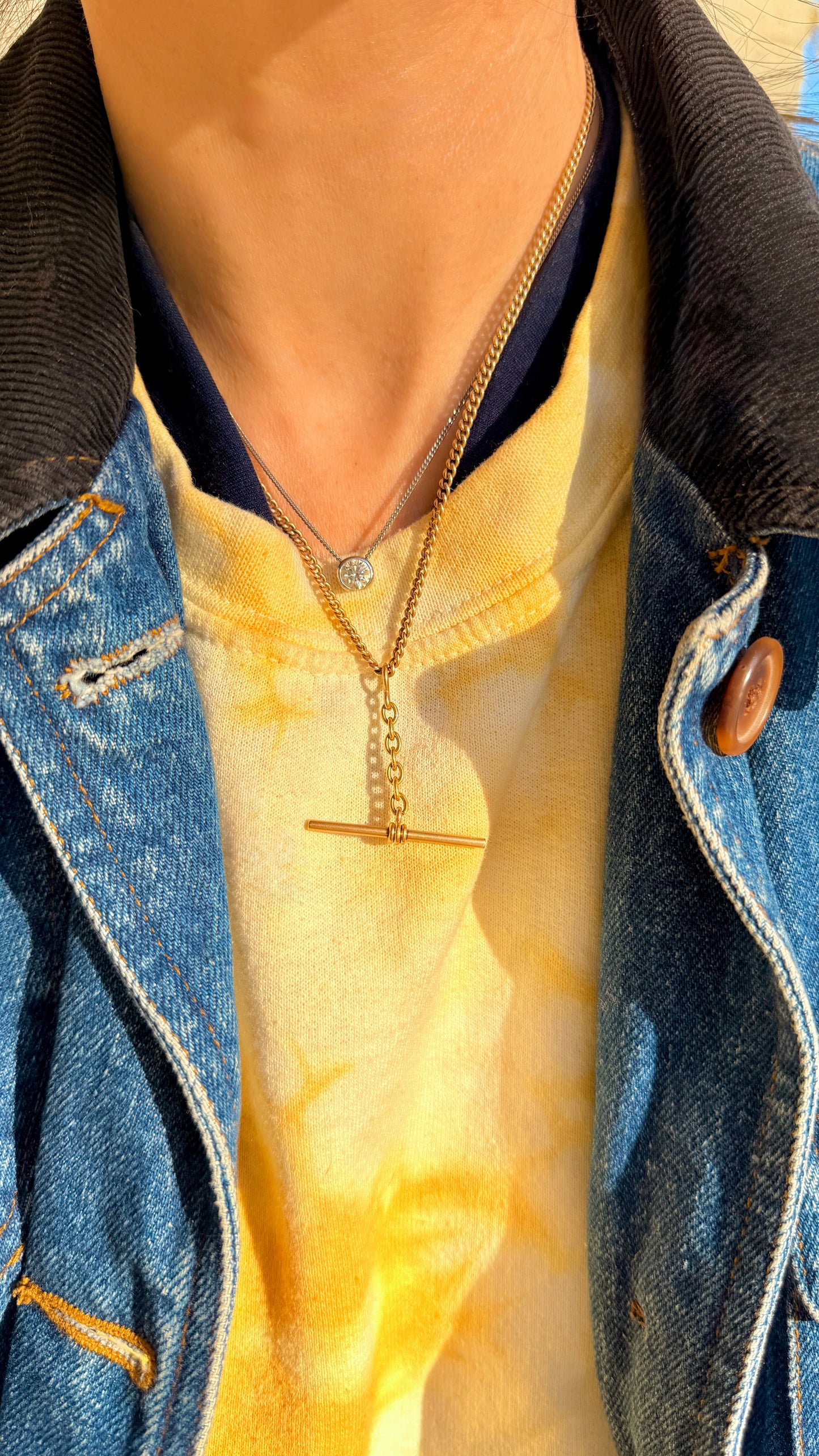 Antique yellow 14K round curb watch chain, 17.75 inch with movable T bar dangle