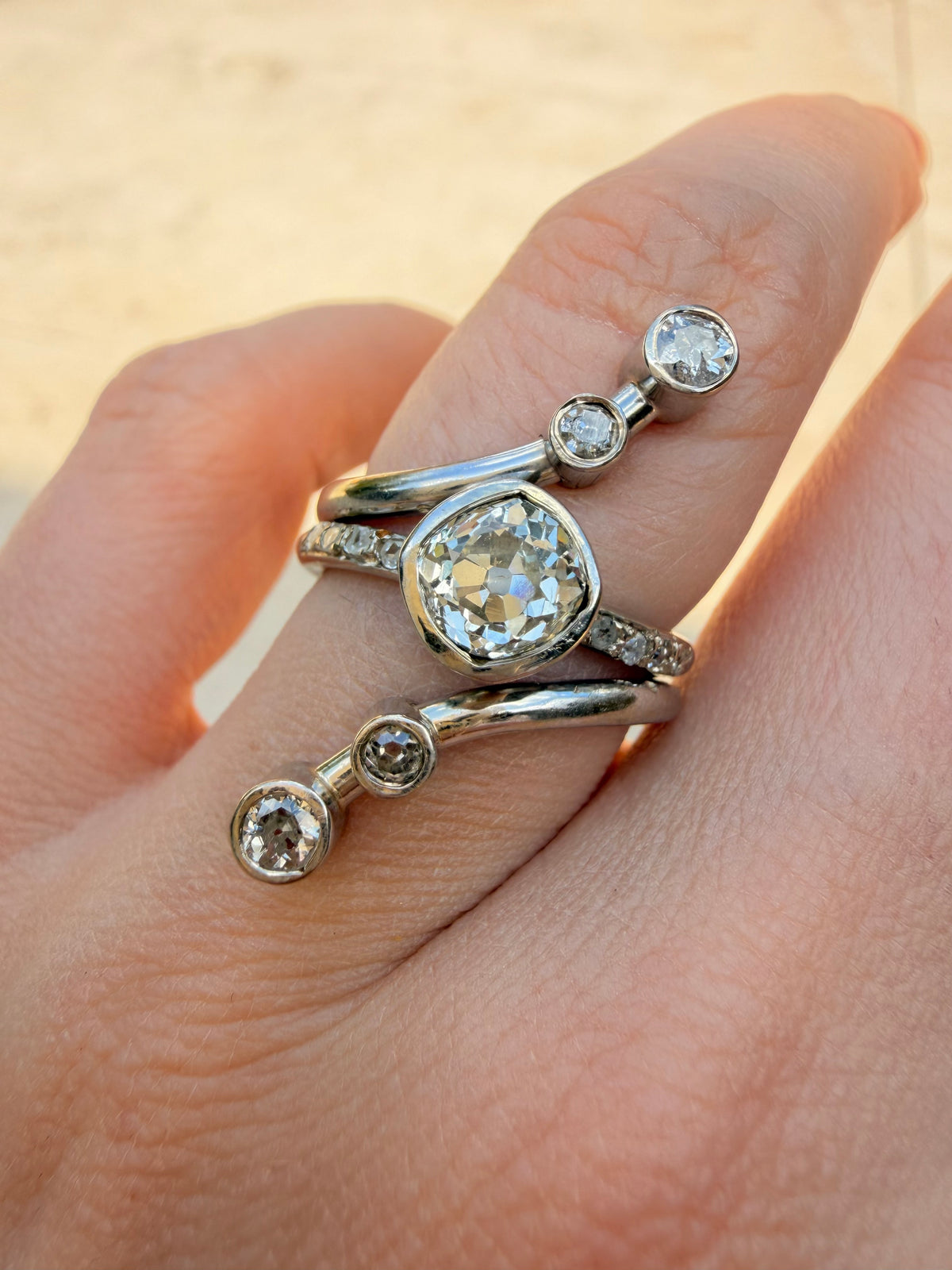 Vintage white 14K celestial ring with 1.4 ctw antique diamonds, size 5.75 sizable