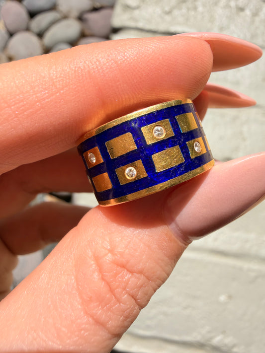 Vintage yellow 18K blue enamel and diamond grid eternity band, size 6.25-6.5