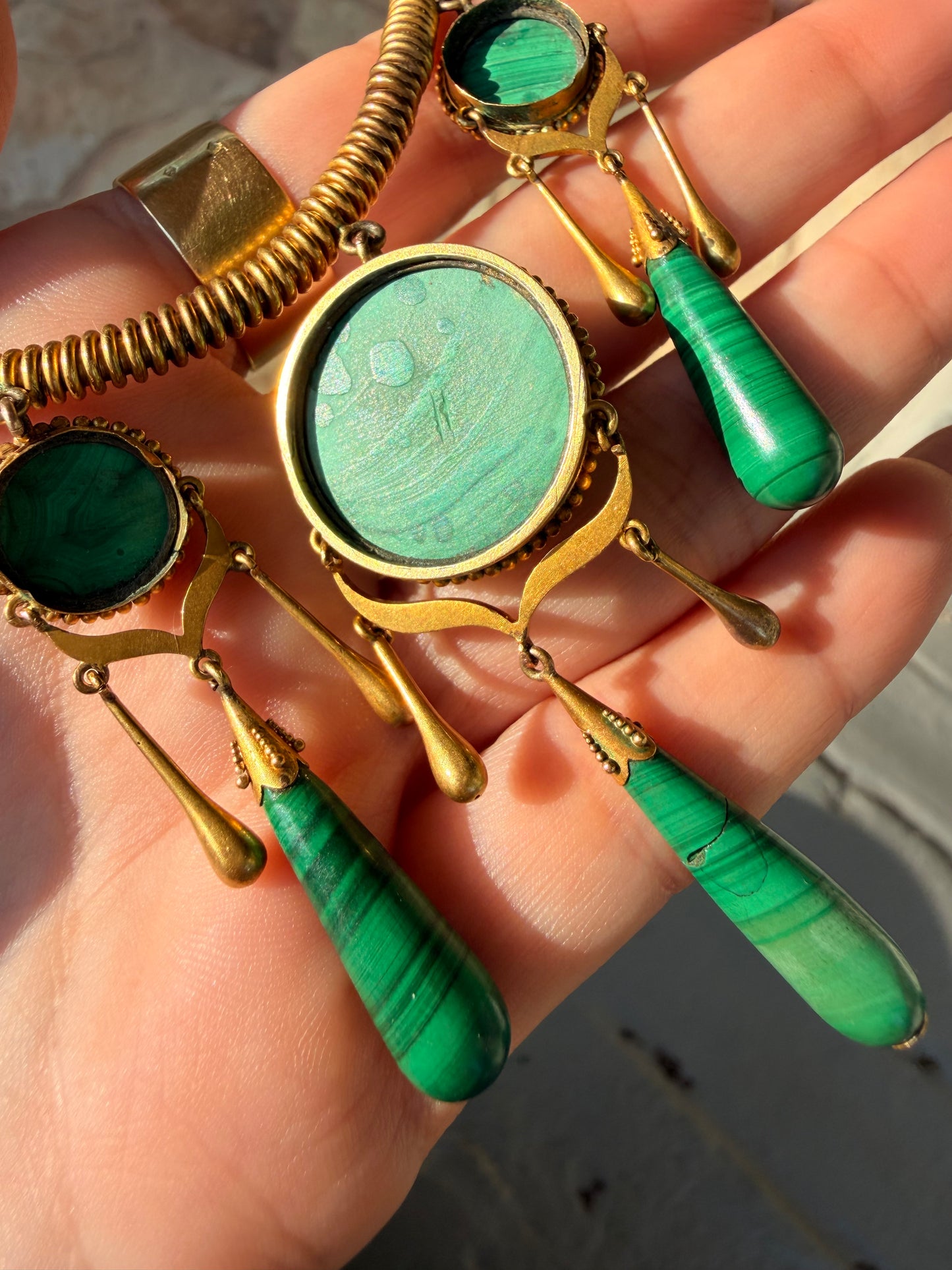 Antique yellow 18K tubogas malachite drop necklace, 16 and 1/8 inch