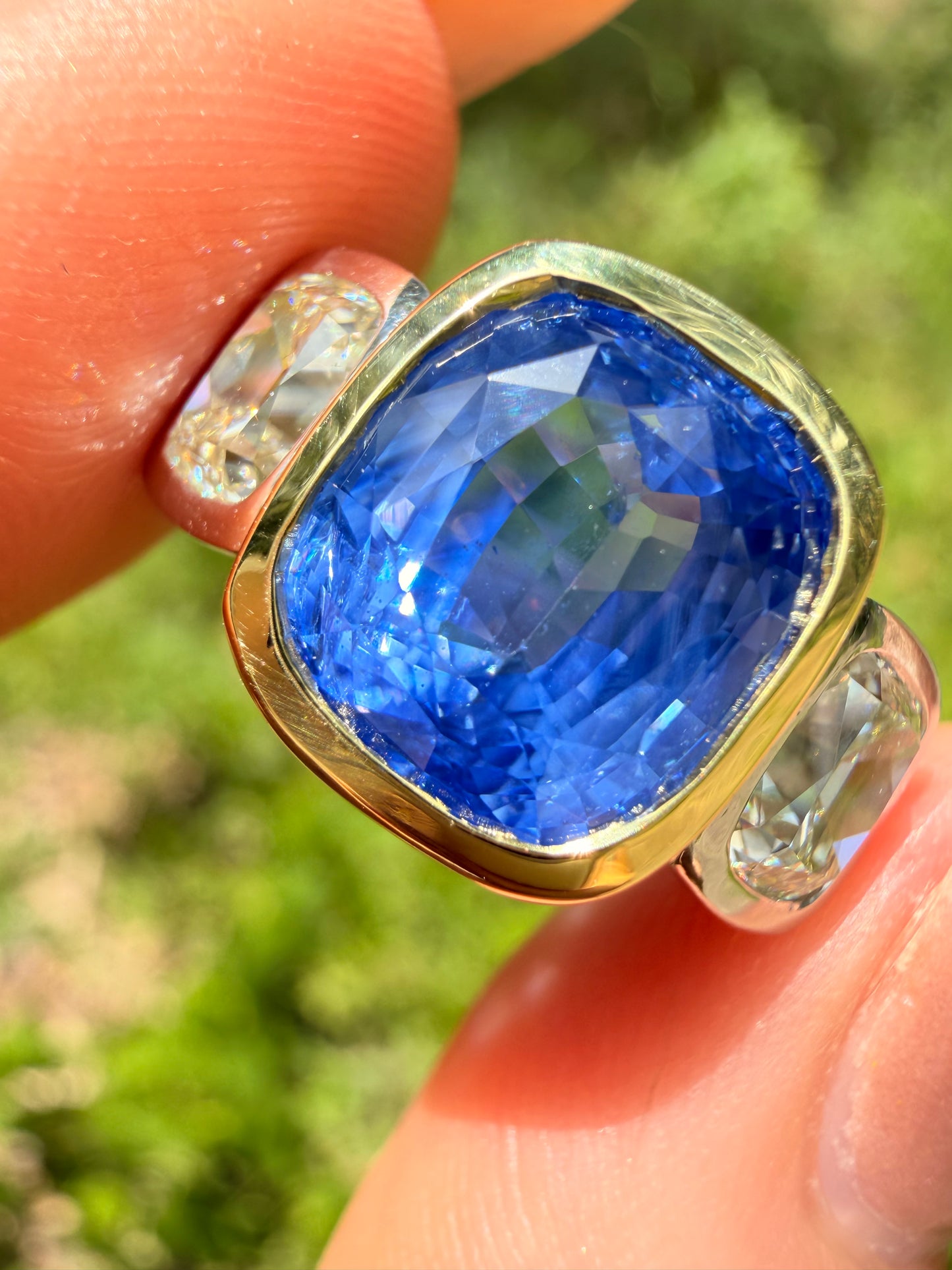 Vintage yellow 18K and platinum unheated over 5.6ctw GIA Ceylon Sapphire and 1.8ctw antique old mine cut cushion ring, size 7