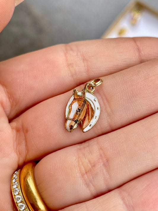 [PRIVATE] Antique yellow 9K enamel horse and horseshoe charm
