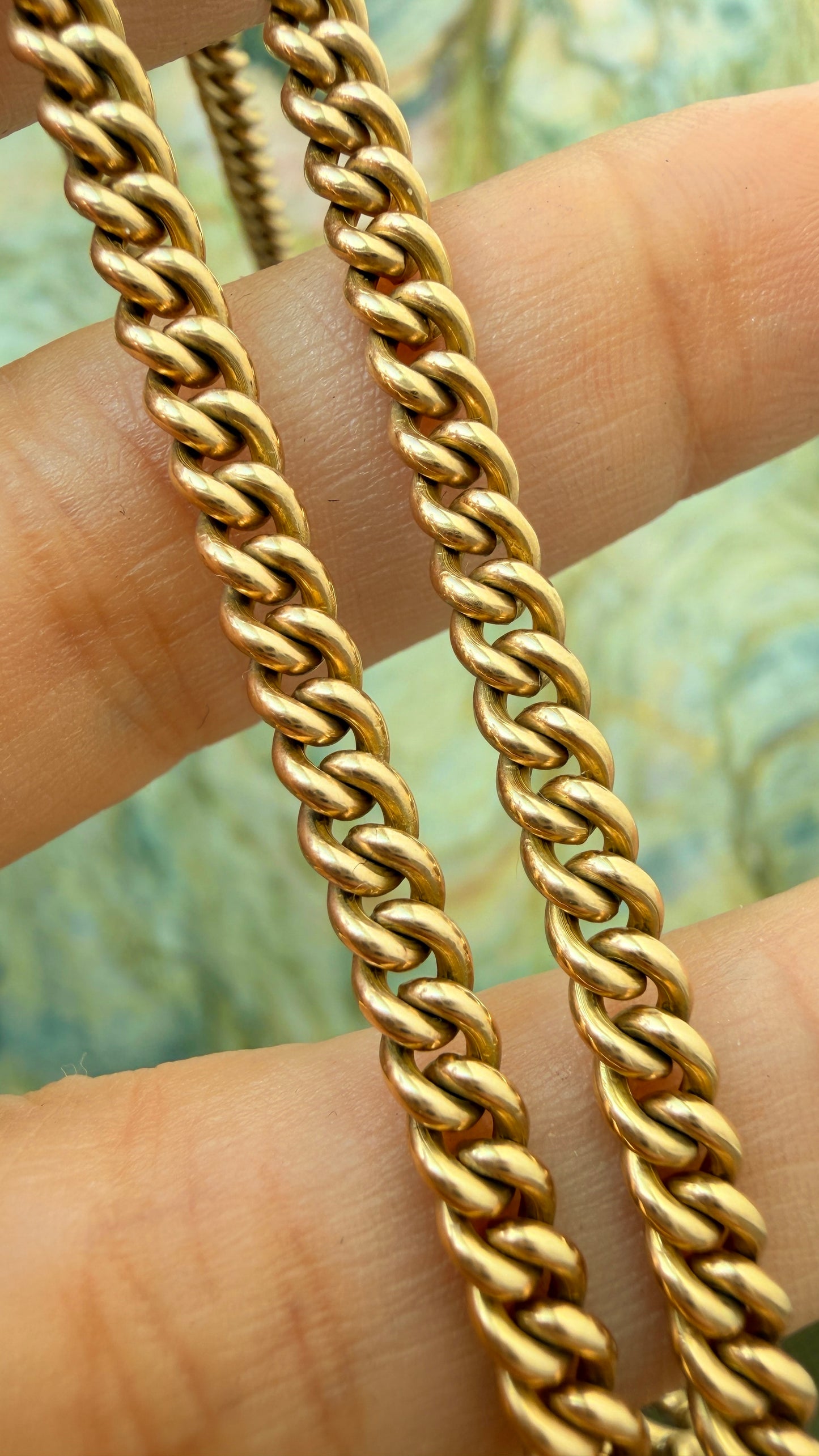 Antique yellow 14K round curb watch chain, 19 and 5/8 inch with 1.5 inch bolt dangle