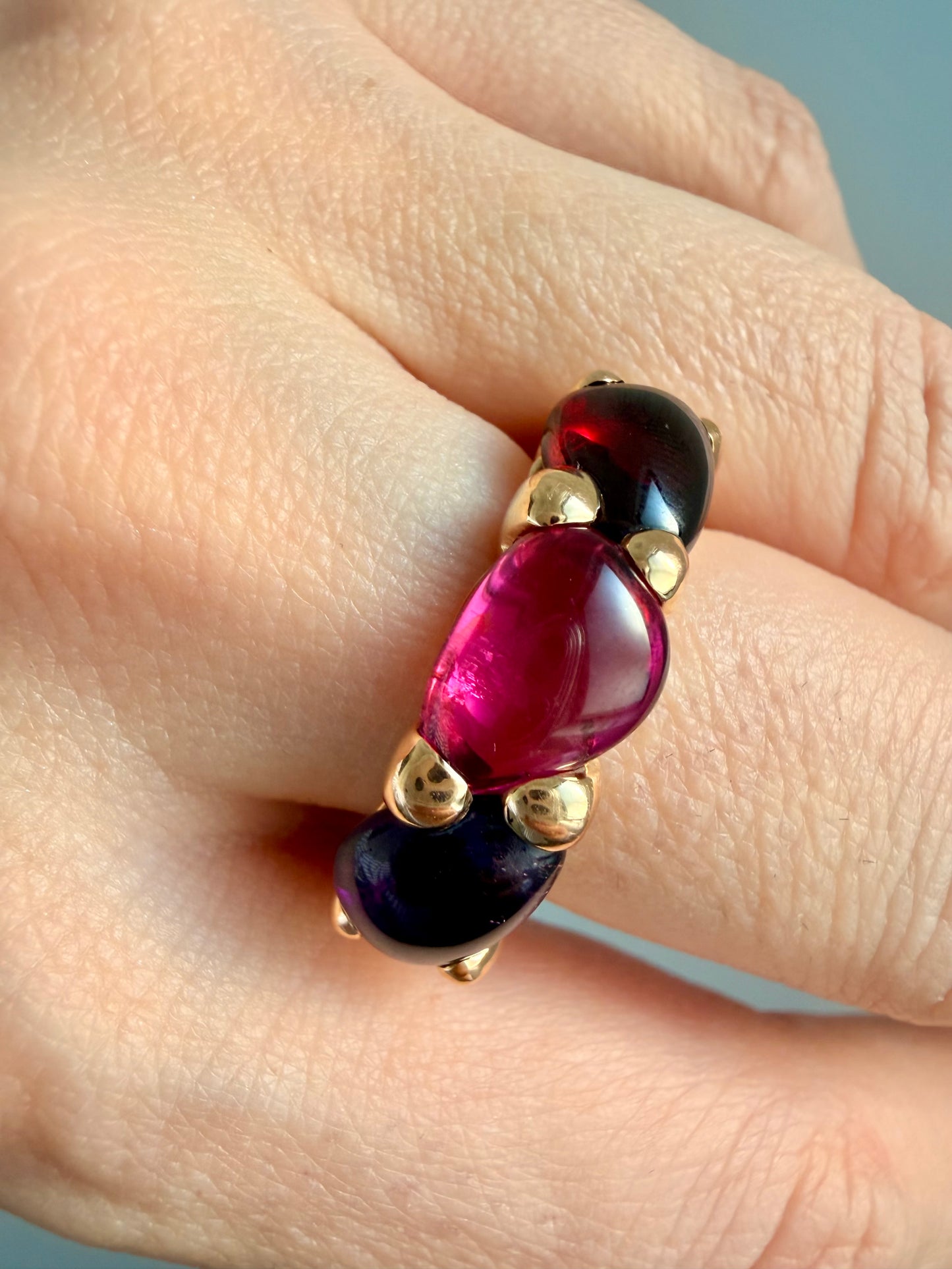 Vintage yellow 18K Pomellato 3 stone Sassi ring with Tourmaline, Amethyst and Garnet, size 6.5