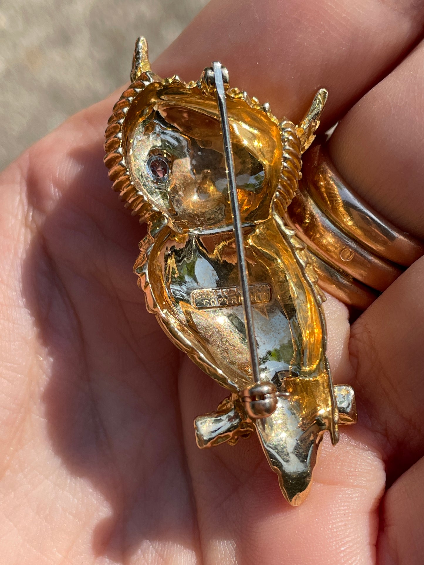 Vintage yellow 14K and approx .12 ctw diamond Dan Frere winking owl pin, 2 inch