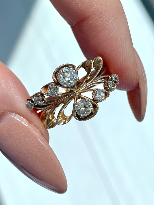 Vintage set of yellow 14K scalloped .88 ctw old cut diamond rings, size 7.75