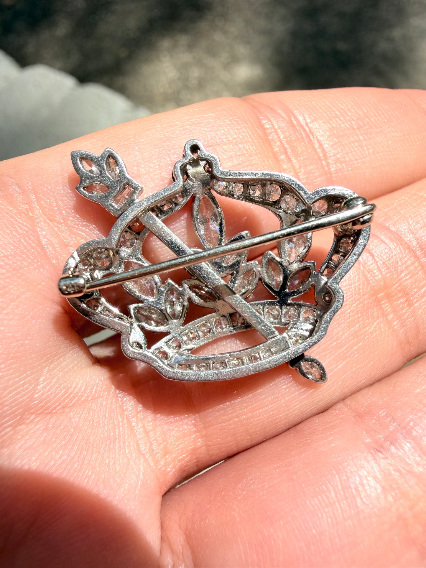 Antique Platinum and 14K gold and approx 2.7 ctw diamond crown pin