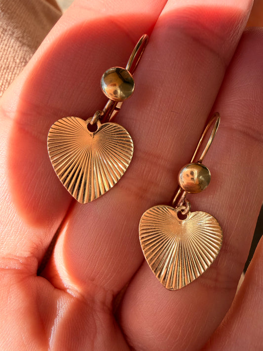 Vintage yellow 14K engine turned heart drop earrings
