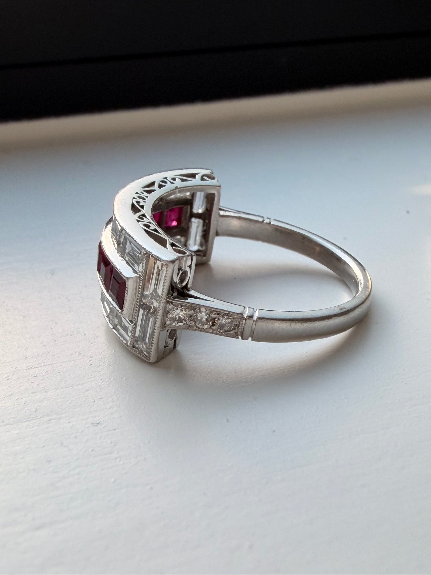 Vintage platinum approx 1.7 ctw baguette diamond and 1.1 ctw ruby ring, size 6.5