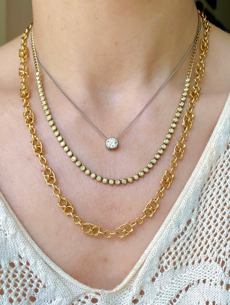Antique French circa 1800s yellow 18K fancy mariner link chain, 20.5 inch adjustable
