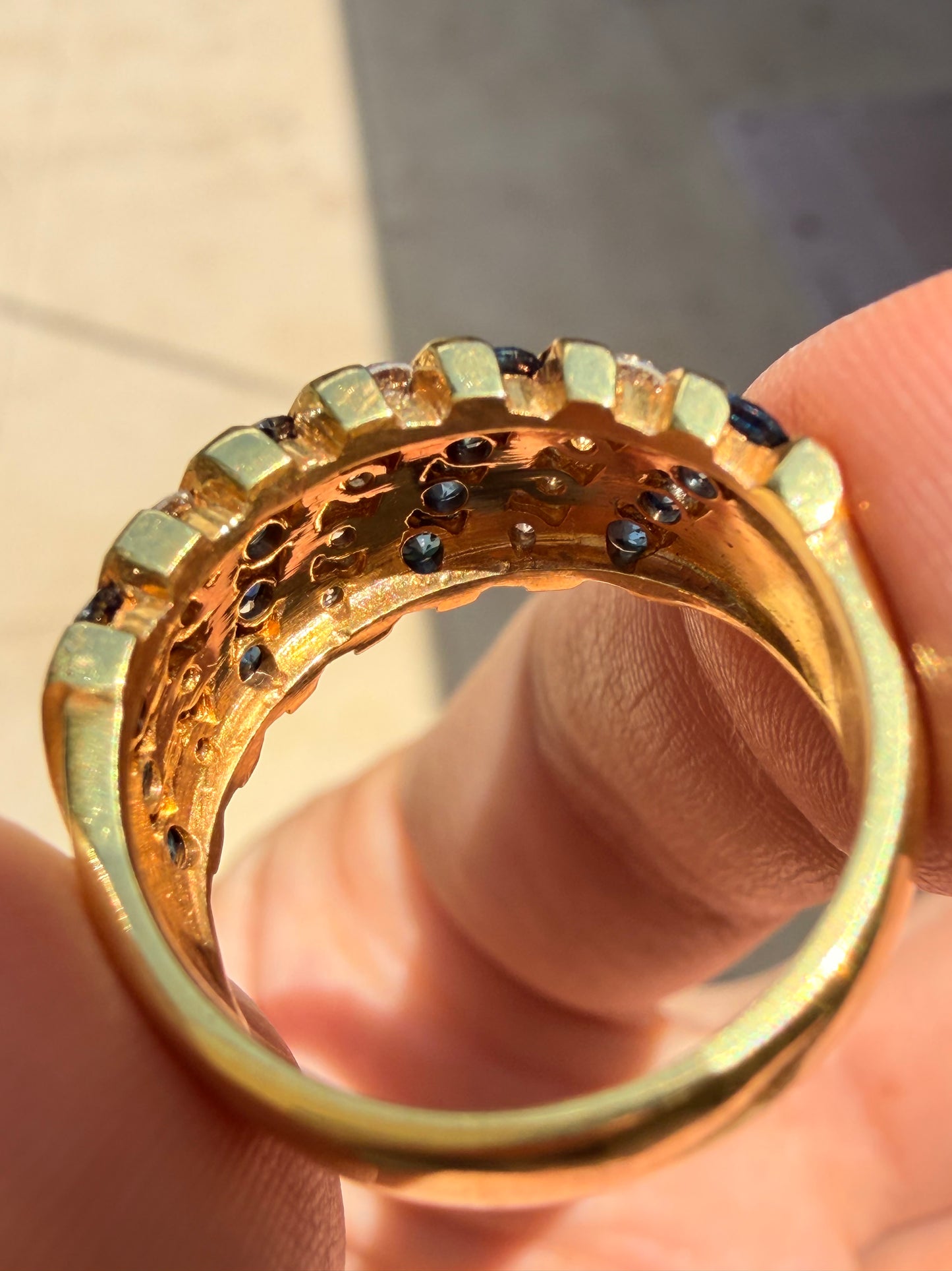 Vintage yellow 14K approx .64ctw sapphire and .36ctw diamond wide band