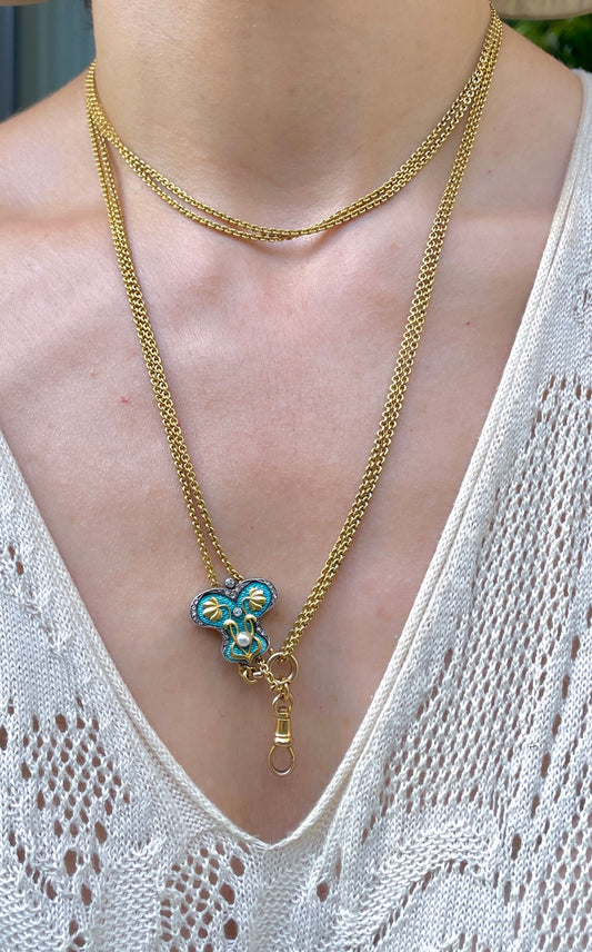 Antique 22K Art Nouveau longguard chain with 14K blue enamel butterfly slider with old mine cut diamonds, rose cut diamonds and pearl, with dog clip and bolt, 72 inch