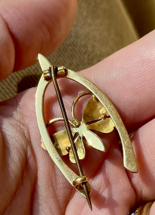 Vintage yellow 15K gold wishbone with pearl and turquoise butterfly pin