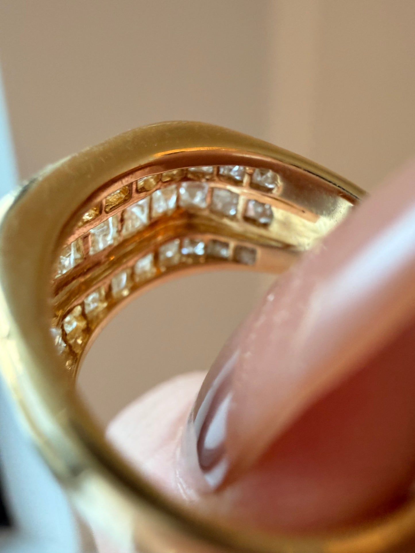 Vintage yellow 18K gold 2.2 ctw step cut diamond triple row band, size 6.25