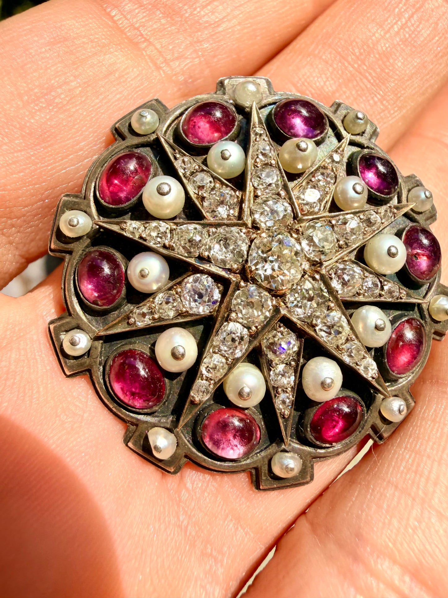 Antique 14K gold and silver approx 2 ctw Old Mine Cut diamond star and 3.5 ctw ruby and pearl convertible brooch pendant