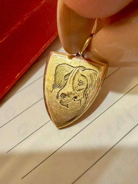 Antique yellow 14K hand engraved Dog on shield charm