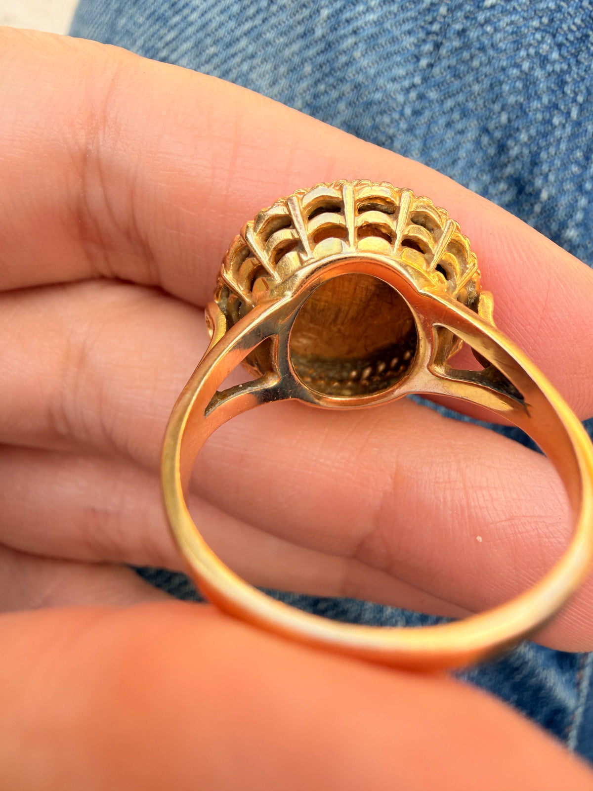 Vintage 18K diamond and ruby Augis French "QU' HIER QUE DEMAIN" ring, size 7.5 sizable
